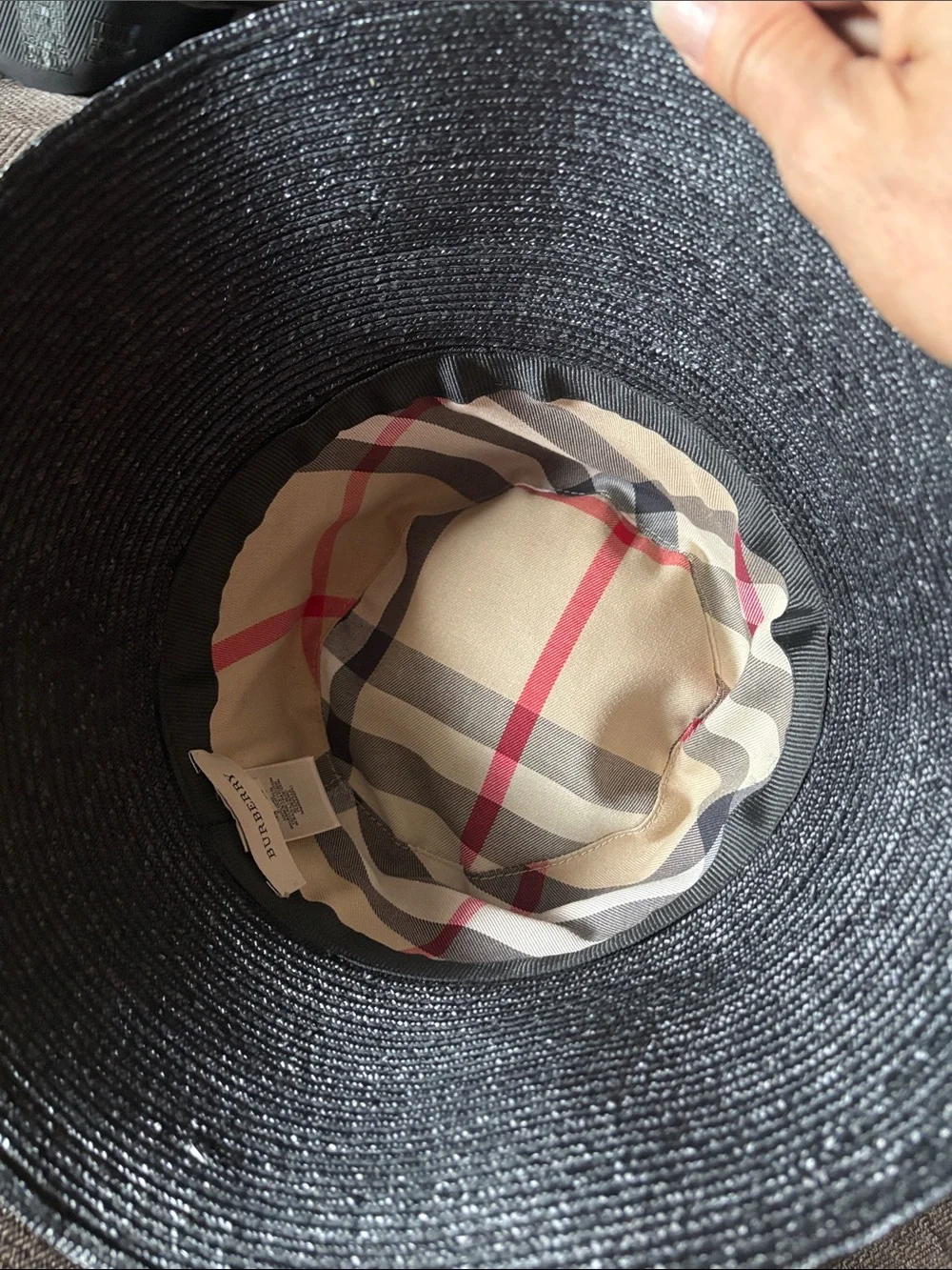 Burberry Black Raffia Bucket Hat with leather Trim sz medium